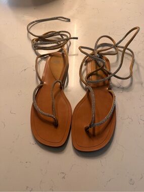 Zara Tan Leather Lace-Up Sandals with Silver Reinstones Strap